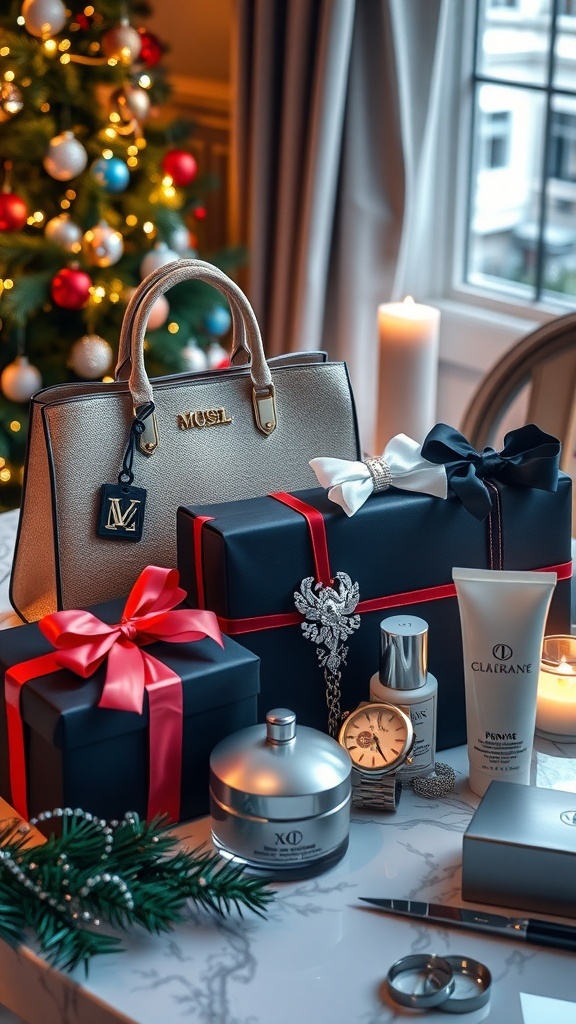 A collection of luxury Christmas gifts including a handbag, jewelry, watch, and skincare products on a festive table.